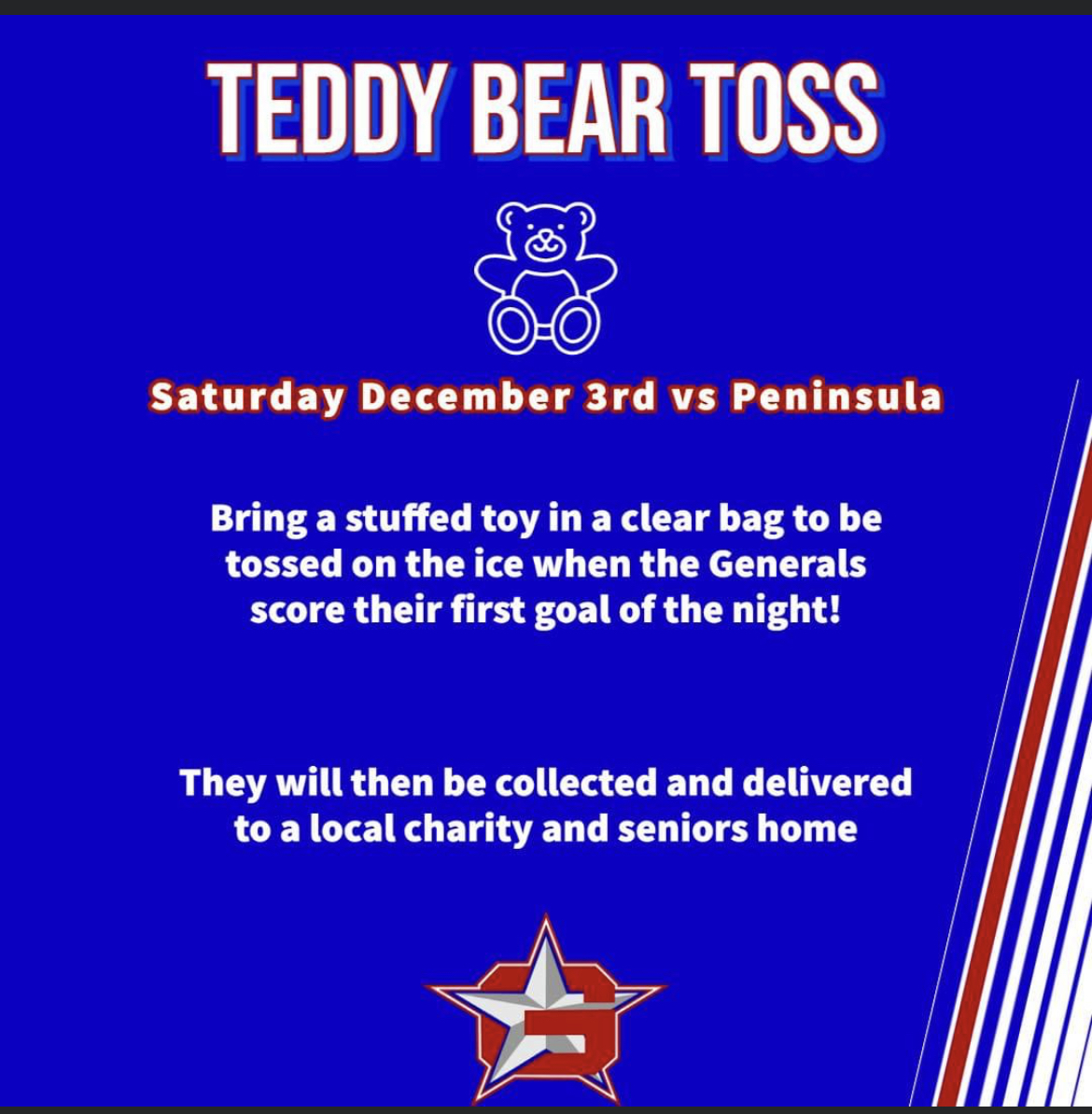 Teddy Bear Toss December 3rd vs Peninsula Oceanside Generals Junior